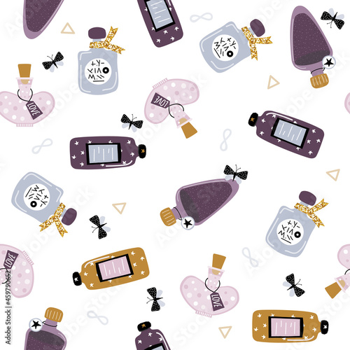 Seamless pattern with bottles of potion. Funny Halloween print. Vector hand drawn illustration.