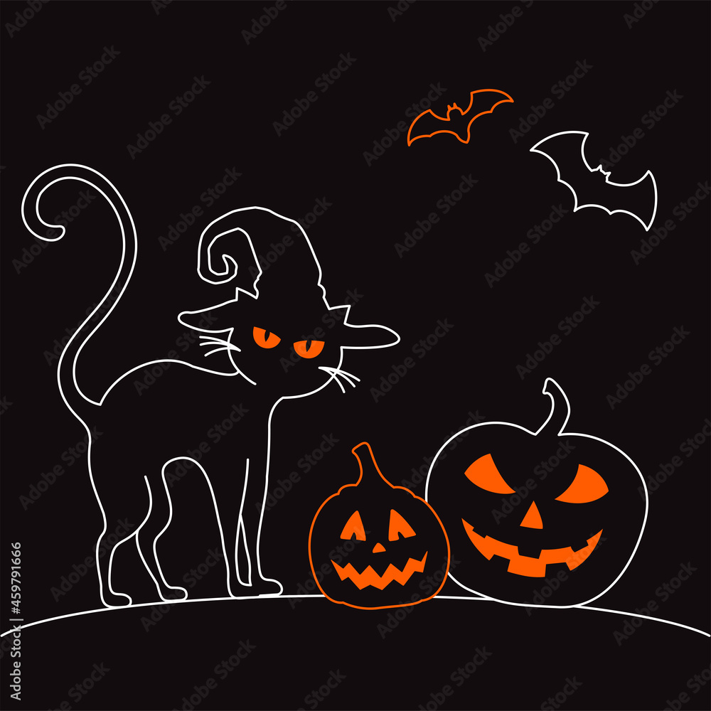 Black Happy Halloween greeting card with cat in witch hat and two spooky pumpkins. Black Happy Halloween greeting card with cat in witch hat and two spooky pumpkins.