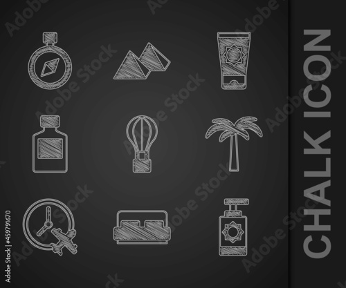 Set Hot air balloon, Hotel room bed, Sunscreen spray bottle, Tropical palm tree, Clock with airplane, Whiskey, cream in tube and Compass icon. Vector