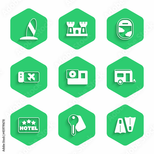 Set Action camera, Hotel door lock key, Rubber flippers for swimming, Rv Camping trailer, Signboard with text, Airline ticket, Airplane window and Surfboard icon. Vector