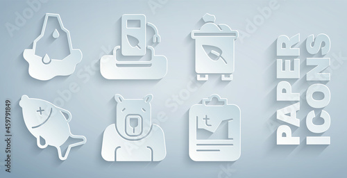 Set Polar bear head, Recycle bin with recycle, Dead fish, Global warming, Petrol or gas station and Glacier melting icon. Vector