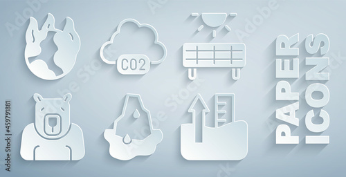 Set Glacier melting, Solar energy panel, Polar bear head, Rise water level, CO2 emissions cloud and Global warming fire icon. Vector