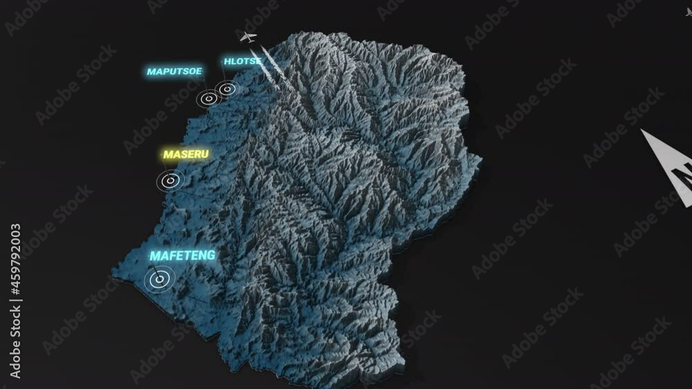 Seamless looping animation of the 3d terrain map at nighttime of Lesotho with the capital and the biggest cites in 4K resolution Seamless looping animation of the 3d terrain map at nighttime of Lesotho with the capital and the biggest cites in 4K resolution