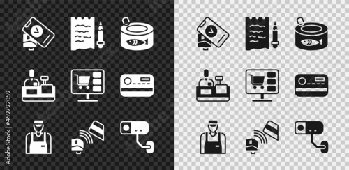 Set POS terminal, Shopping list and pencil, Canned fish, Seller, with credit card, Security camera, Cashier at cash register and cart on computer icon. Vector