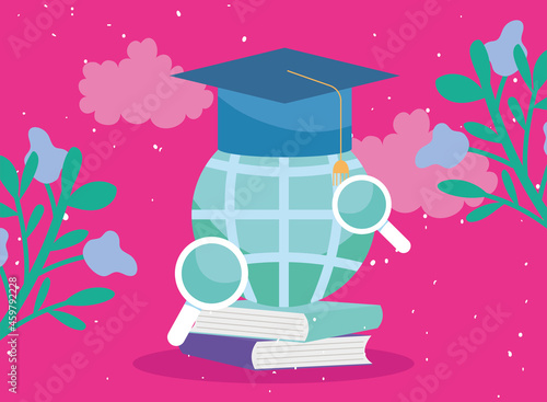 global sphere on books with graduation cap
