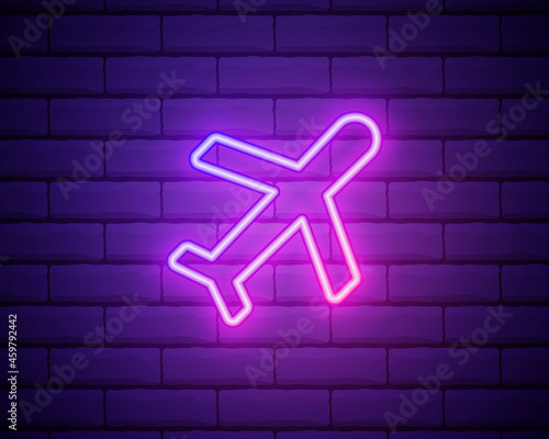 Glowing neon Plane icon isolated on brick wall background. Flying airplane. Airliner insurance. Security, safety, protection, protect concept. Vector