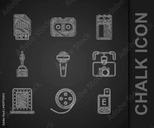 Set Microphone, Film reel, Light meter, Gimbal stabilizer with camera, Makeup mirror lights, Movie trophy, Cinema ticket and MP3 file document icon. Vector