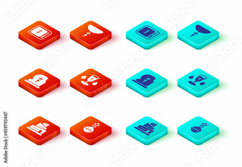 Set Babel tower bible story, Christian cross, Grave with tombstone, chalice, chain and Online church pastor preaching icon. Vector