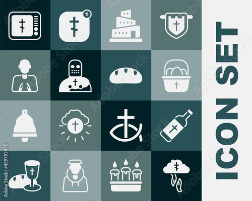 Set God's helping hand, Holy water bottle, Basket with easter eggs, Babel tower bible story, Knight crusader, Hands praying position, Online church pastor preaching and Bread loaf icon. Vector