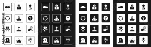 Set Jesus Christ, Church tower, Crown of thorns, Bread loaf, Christian cross, Donation for church, Goblet and bread and Religious in heart icon. Vector