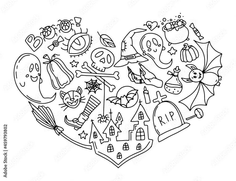 Halloween Doodle Heart Collage. Digital hand drawn sketched Halloween Doodle Heart Collage. Digital hand drawn sketched