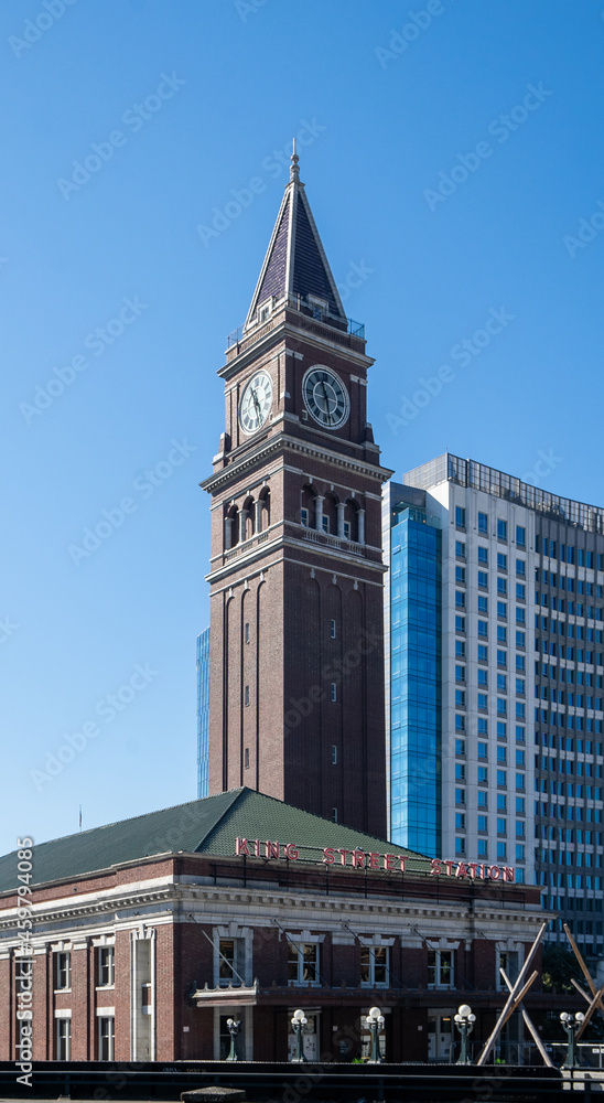 Seattle, WA - USA - Sept. 24, 2021: Vertical view of the historic King Street Station, an Amtrak train station in Seattle, Washington. Designed by Reed and Stem in 1906.