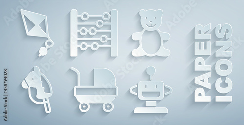 Set Baby stroller, Teddy bear plush toy, Toy horse, Robot, Abacus and Kite icon. Vector