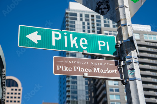 Seattle, WA - USA - Sept. 24, 2021: Horizontal view of a Pike Place and Historical District Pike Market signpost. © Brian