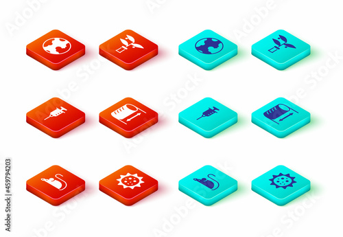 Set Experimental mouse, Virus, Syringe, Height geometrical figure, Plant breeding and Earth globe icon. Vector