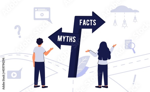 Myths and facts Information accuracy in flat tiny persons concept Businessman and directional sign of facts versus myths Verify rumors scene Fake news versus trust and honest data source