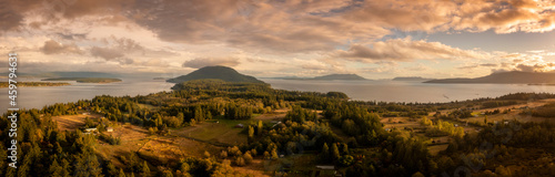 Panoramic Aerial Sunrise View of Lummi Island, Washington.  photo