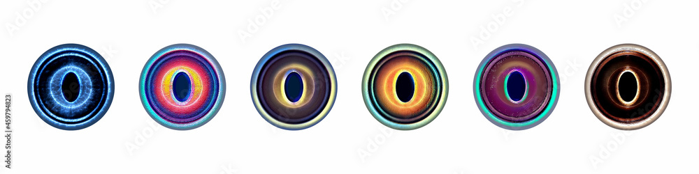 Pupil of the eyeball. Various colored lenses. Set of magic eyes vector. Fantastic eyes for characters. Pupil of the eyeball. Various colored lenses. Set of magic eyes vector. Fantastic eyes for characters.