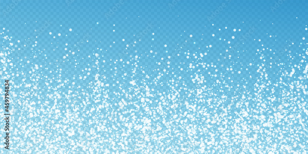 Amazing falling snow Christmas background. Subtle flying snow flakes and stars on transparent blue background. Actual winter silver snowflake overlay template. Terrific vector illustration.