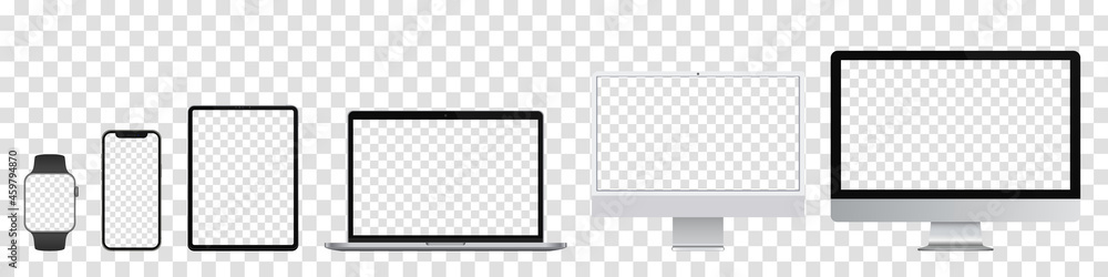 Device screens mockups. Monitor (classic and NEW), Laptop thin, tablet pro, smartphone and watch with blank screens for you design. Realistic vector illustration Device screens mockups. Monitor (classic and NEW), Laptop thin, tablet pro, smartphone and watch with blank screens for you design. Realistic vector illustration