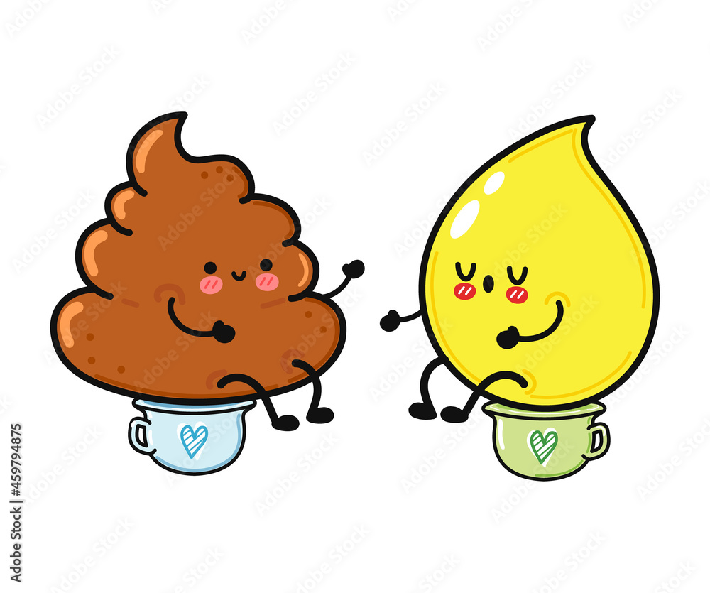 Cute, funny happy drop of urine and turd character. Vector hand drawn cartoon kawaii characters, illustration icon. Funny cartoon drop of urine and turd friends concept Cute, funny happy drop of urine and turd character. Vector hand drawn cartoon kawaii characters, illustration icon. Funny cartoon drop of urine and turd friends concept