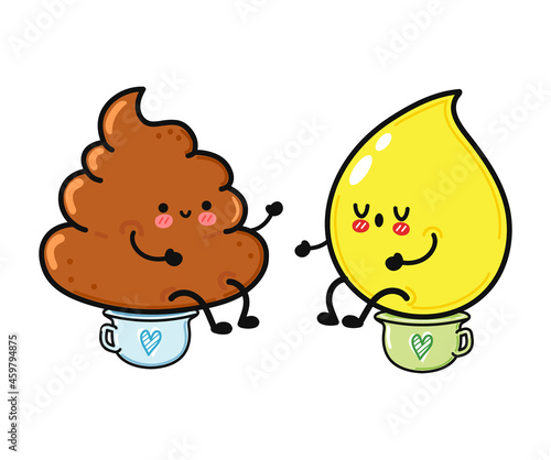 Cute, funny happy drop of urine and turd character. Vector hand drawn cartoon kawaii characters, illustration icon. Funny cartoon drop of urine and turd friends concept