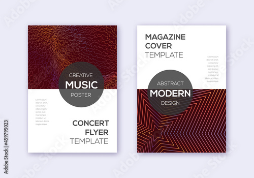 Modern cover design template set. Orange abstract lines on wine red background. Exotic cover design. Classy catalog, poster, book template etc.