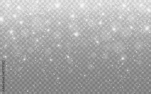 Snow texture. Christmas backdrop. Falling defocused snowflakes on transparent background. Realistic snow flakes. Winter effect for greeting card. Vector illustration