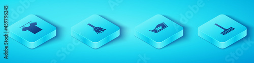 Set Isometric Drying clothes, Feather broom, Handle and Temperature wash icon. Vector