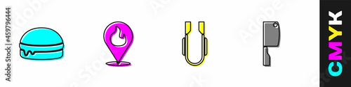 Set Burger, Location with fire flame, Meat tongs and chopper icon. Vector