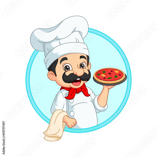 Cartoon italian chef holding a tray with pizza