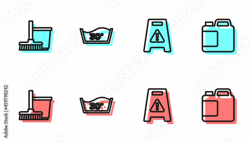 Set line Wet floor, Mop and bucket, Temperature wash and Bottle for cleaning agent icon. Vector