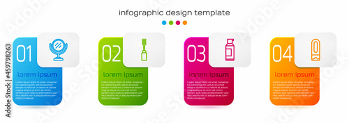 Set line Round makeup mirror, Mascara brush, Spray can for hairspray and Bottle of shampoo. Business infographic template. Vector