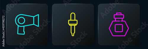 Set line Hair dryer, Perfume and Pipette. Black square button. Vector