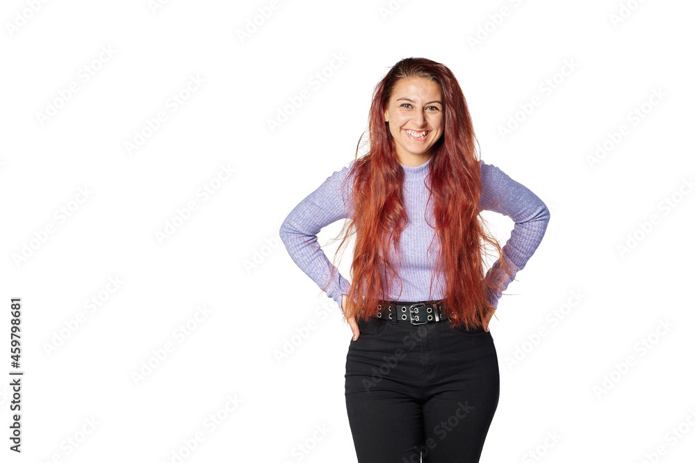 very happy young student, smiling and looking at the camera with a white background