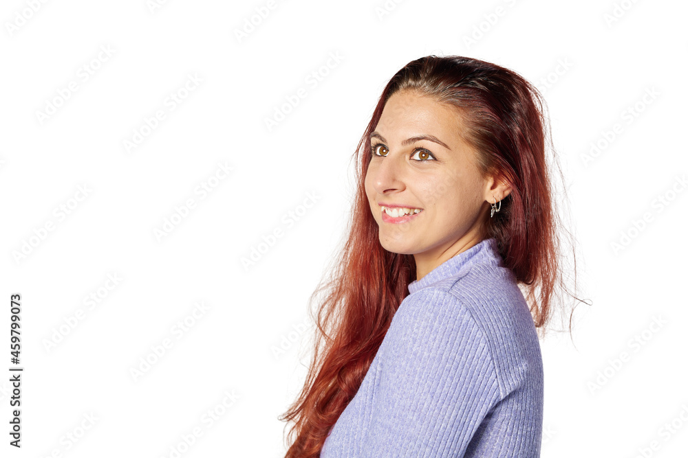 beautiful young woman redhead with not perfect teeth. smiling and with a nice expression. copy space for advertising. beautiful young woman redhead with not perfect teeth. smiling and with a nice expression. copy space for advertising.