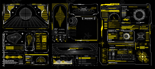 Abstract digital technology. Futuristic HUD, FUI, Virtual Interface. Cyberpunk retro futurism concept. Vaporwave abstract elements for web banners,  Futuristic info boxes layout templates. Hologram