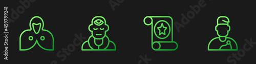Set line Magic scroll, Mantle, cloak, cape, Wizard warlock and . Gradient color icons. Vector