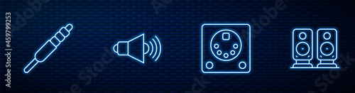Set line Drum machine, Audio jack, Speaker volume and Stereo speaker. Glowing neon icon on brick wall. Vector