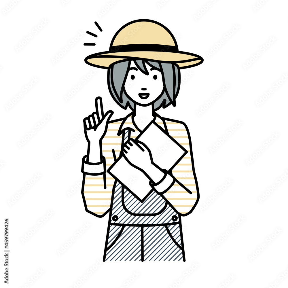 立って書類を手に持って何かひらめいた農家の女性 立って書類を手に持って何かひらめいた農家の女性