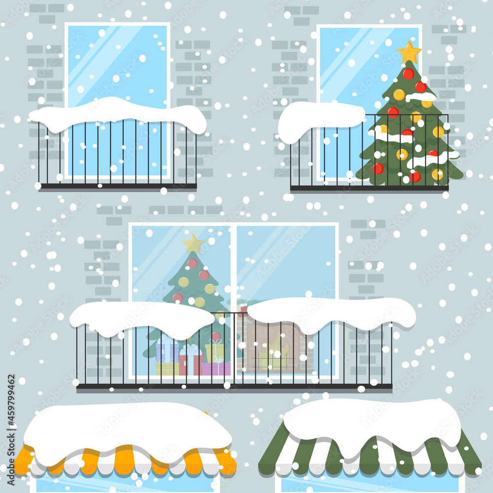 Fototapeta premium Winter exterior vector illustration. Beautiful building in snowfall. Colourful illustration in flat style.