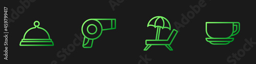 Set line Sunbed with umbrella, Covered tray of food, Hair dryer and Coffee cup. Gradient color icons. Vector