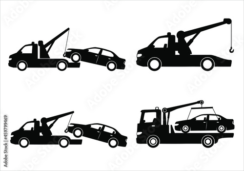 Tow truck city road assistance service evacuator. Towing car icon collection with black and flat design. Parking violation. Sign of a tow truck. Vector illustration EPS 10