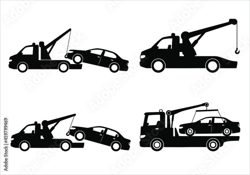 Tow truck city road assistance service evacuator. Towing car icon collection with black and flat design. Parking violation.  Sign of a tow truck. Vector illustration EPS 10