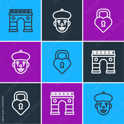 Set line Triumphal Arch, Castle in the shape of heart and French mime icon. Vector
