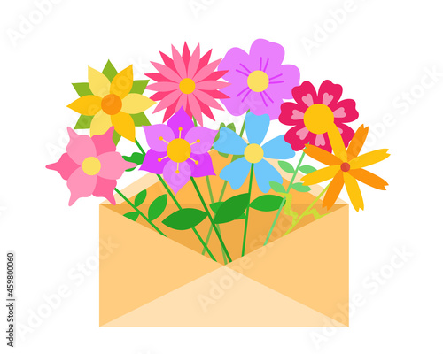 Envelope letter mail with spring and summer flowers flat vector illustration isolated on white background. Hello spring and flower delivery concept. Happy Valentines Day. International Womens Day