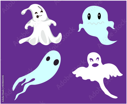 Ghosts White And Blue Objects Signs Symbols Vector Illustration With Purple Background