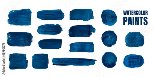 Vector illustration. Watercolor blue paint brush strokes collection. Circle spot, ink stroke. Design element for poster, cover, invitation, gift card, flyer, social media, promotion. Indigo color.