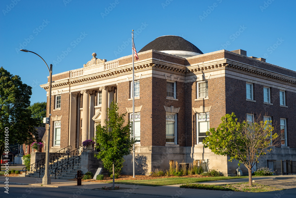 Streator, Illinois, USA - September 16th 2021 - The Streator public library in the morning light.  The Carnegie foundation granted $35,000 towards its construction it opened in January 1903.