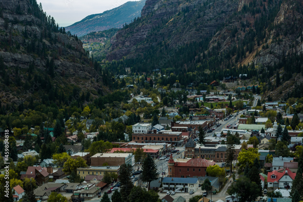View of the city of Ouray from above in Colorado United States September 2021
